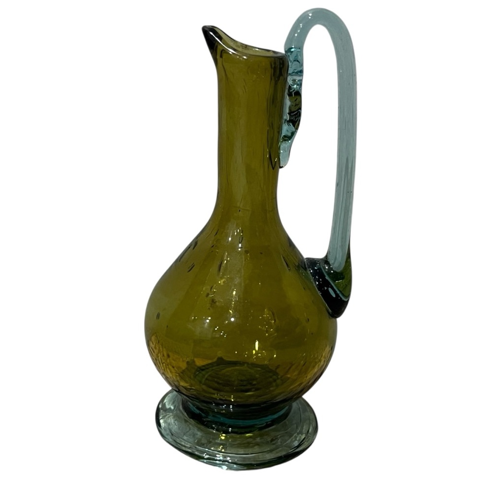 Victorian‎ Moser Bohemian amber and blue pinched blown glass small 4.5” Tall